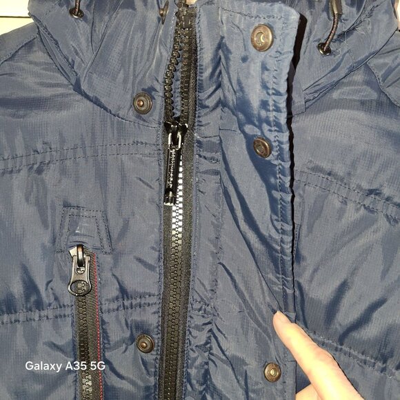 Down Filled Hawke & Co Mens Blue Puffer Jacket With Zipper & Button Closure Hood - Picture 6 of 14